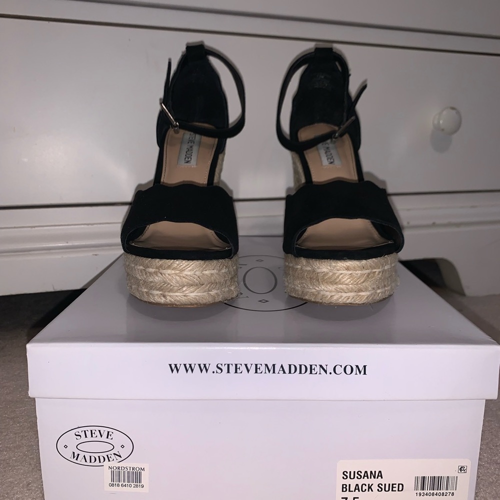 Steve Madden Black Suede Espadrille Wedges